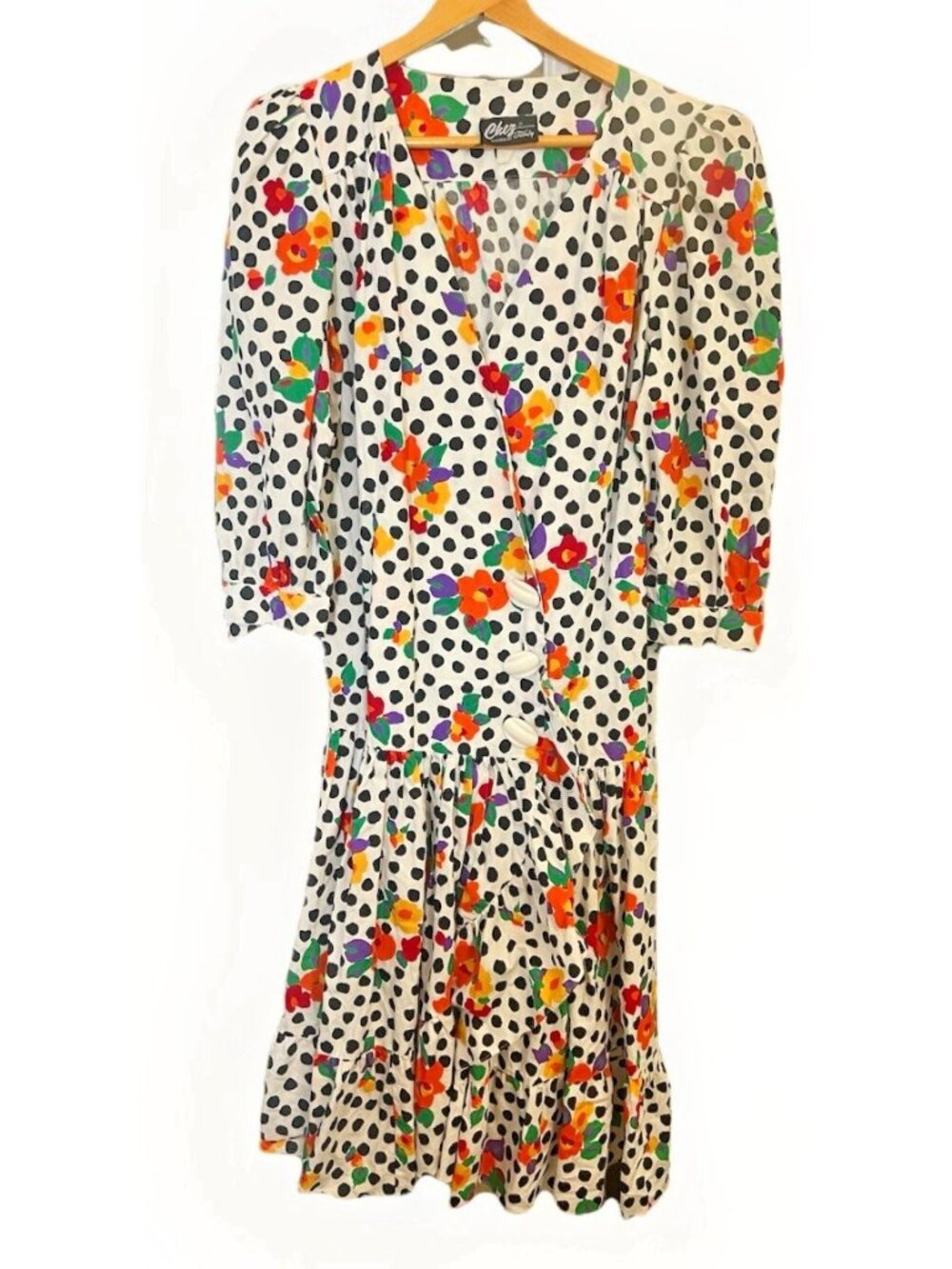 Vintage 80’s Chez Tandy Floral Big Polkadot Button Wrap Dopamine Dress 16.     V